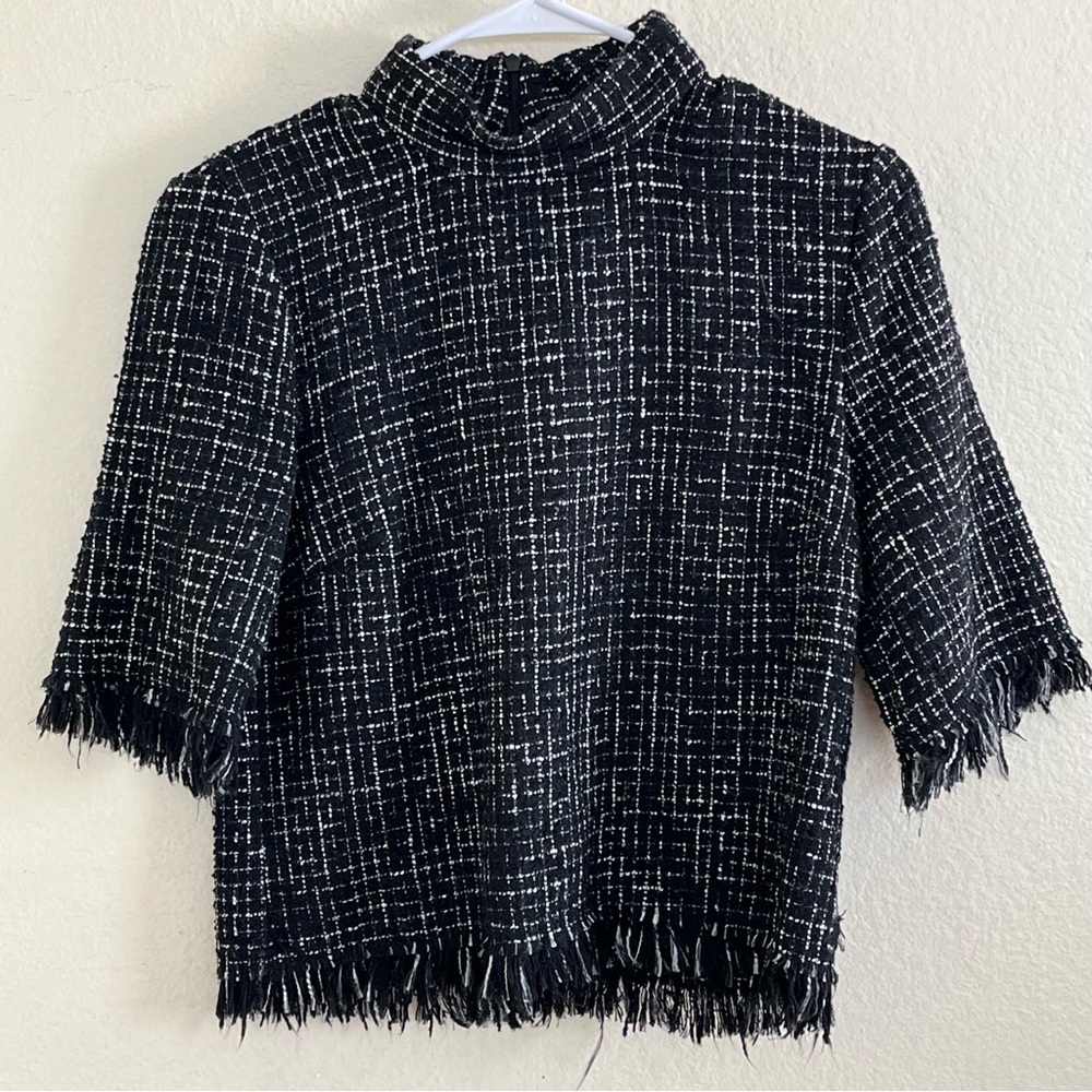 Zara Black and White Frayed Textured Tweed Mock Neck Short Sleeve Shirt Size S